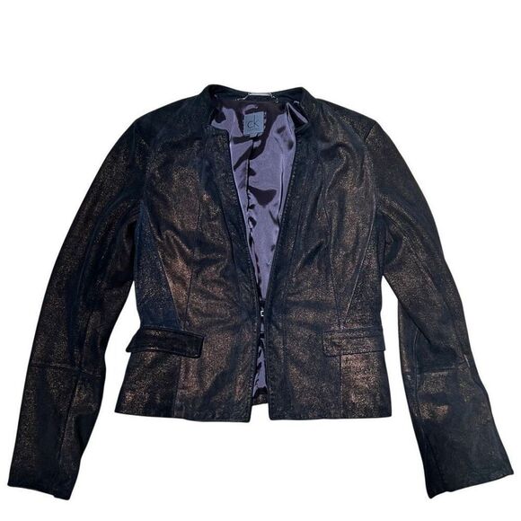 CK Calvin Klein Leather? Black & Gold Women’s Jacket w/Pockets Moto Style Size 6 - Picture 1 of 8